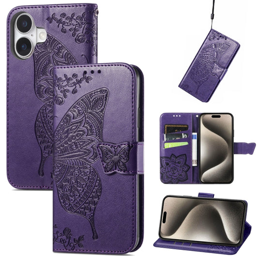 For iPhone 16 Butterfly Love Flower Embossed Leather Phone Case(Purple) - iPhone 16 Cases by buy2fix | Online Shopping UK | buy2fix