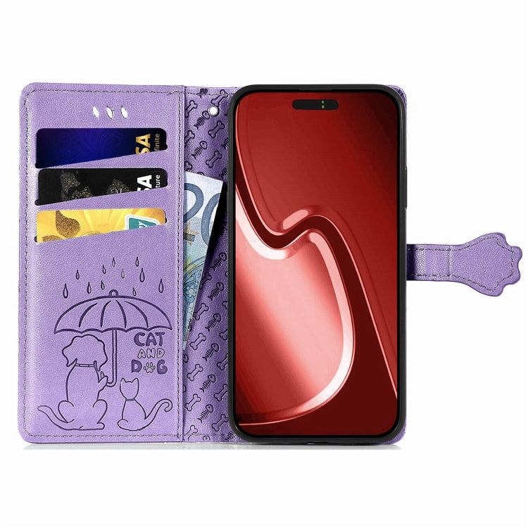 For iPhone 16 Pro Cat and Dog Embossed Leather Phone Case(Purple) - iPhone 16 Pro Cases by buy2fix | Online Shopping UK | buy2fix