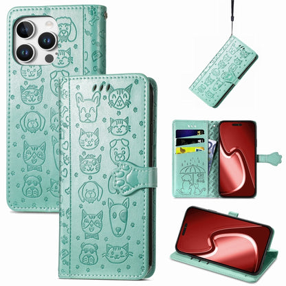 For iPhone 16 Pro Max Cat and Dog Embossed Leather Phone Case(Green) - iPhone 16 Pro Max Cases by buy2fix | Online Shopping UK | buy2fix