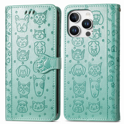 For iPhone 16 Pro Max Cat and Dog Embossed Leather Phone Case(Green) - iPhone 16 Pro Max Cases by buy2fix | Online Shopping UK | buy2fix