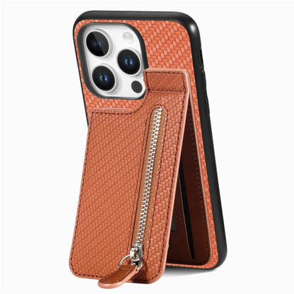 For  iPhone 16 Pro Max Carbon Fiber Vertical Flip Zipper Phone Case(Brown) - iPhone 16 Pro Max Cases by buy2fix | Online Shopping UK | buy2fix