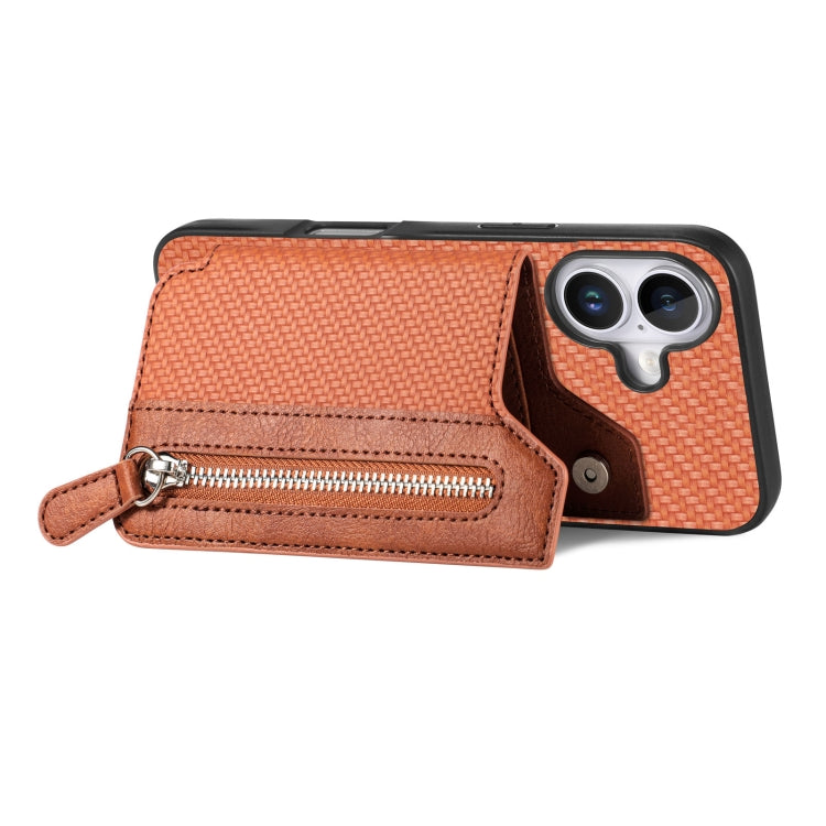 For iPhone 16 Carbon Fiber Horizontal Flip Zipper Wallet Phone Case(Brown) - iPhone 16 Cases by buy2fix | Online Shopping UK | buy2fix