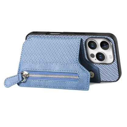 For iPhone 16 Pro Carbon Fiber Horizontal Flip Zipper Wallet Phone Case(Blue) - iPhone 16 Pro Cases by buy2fix | Online Shopping UK | buy2fix