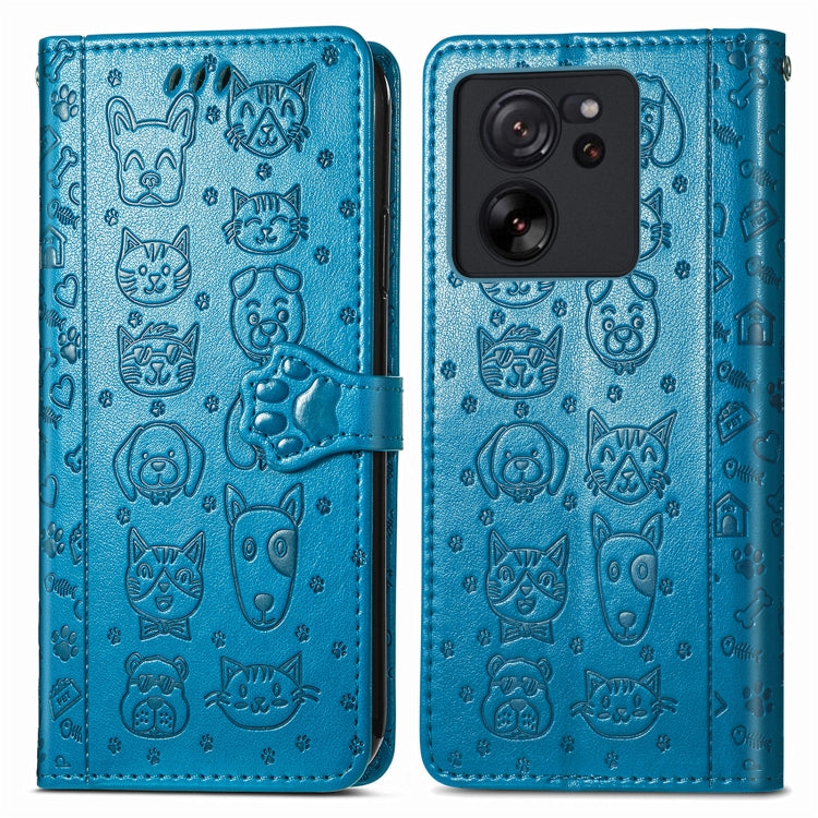 For Xiaomi Redmi K60 Ultra Cat and Dog Embossed Leather Phone Case(Blue) - Redmi K60 Ultra Cases by buy2fix | Online Shopping UK | buy2fix