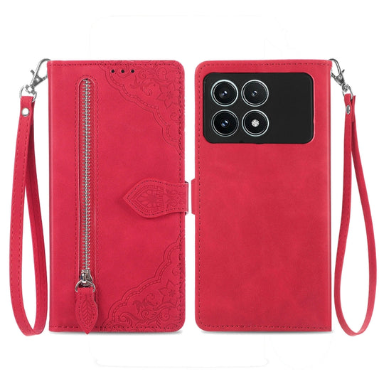 For Xiaomi Redmi K70 Pro Embossed Flower Zipper Leather Phone Case(Red) - K70 Pro Cases by buy2fix | Online Shopping UK | buy2fix