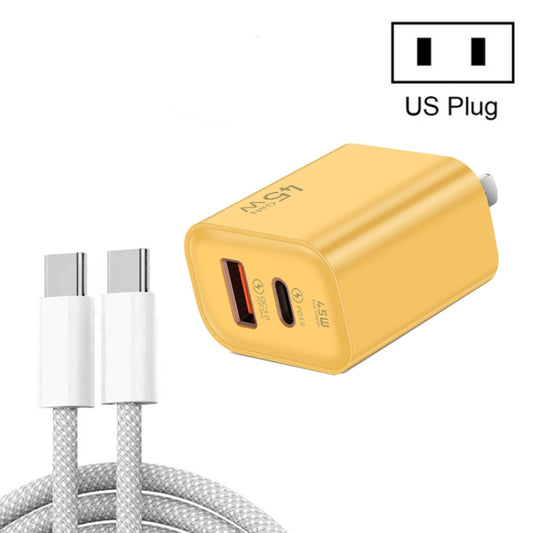 45PQ 45W PD25W + QC3.0 20W USB Super Fast Charger with Type-C to Type-C Cable, US Plug(Yellow) - USB Charger by buy2fix | Online Shopping UK | buy2fix