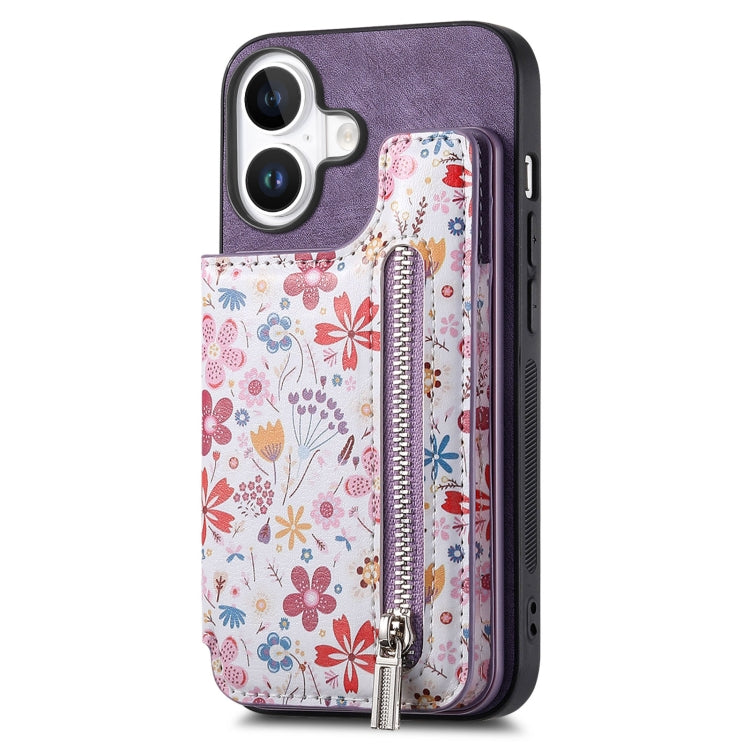 For iPhone 16 Retro Painted Zipper Wallet Back Phone Case(Purple) - iPhone 16 Cases by buy2fix | Online Shopping UK | buy2fix