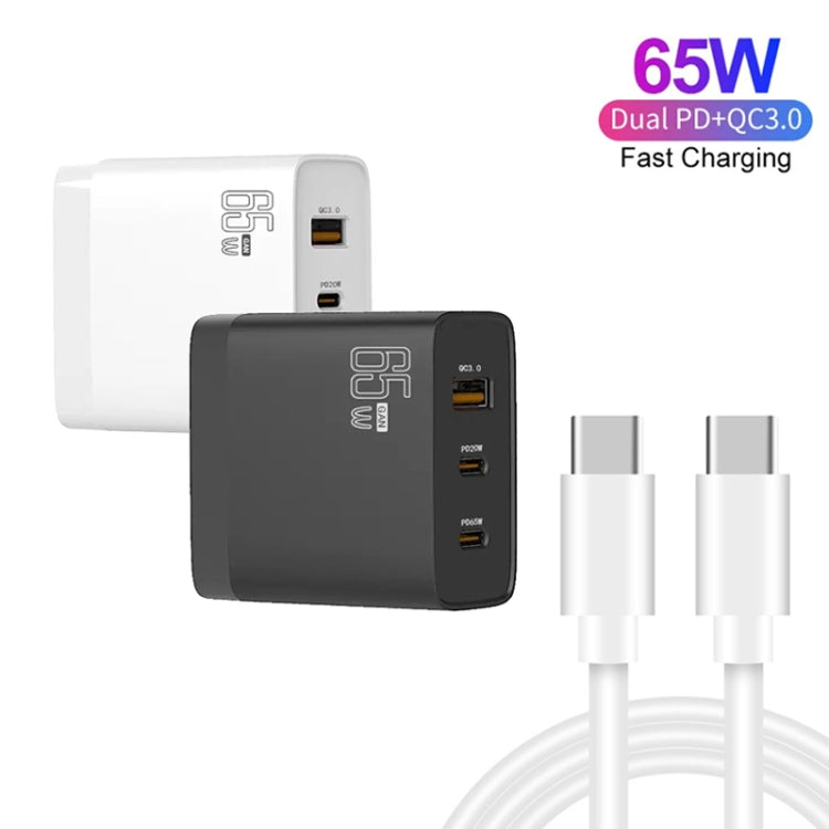 GAN 65W PD45W Dual Type-C / QC3.0 USB  Multi Compatible Charger + 2m USB-C to USB-C Data Cable EU + UK + AU + US Plug White - Cable & Adapter by buy2fix | Online Shopping UK | buy2fix