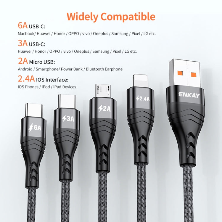 ENKAY 4-in-1 6A USB-A to Type-C / 8 Pin / Micro USB Multifunction Fast Charging Cable, Cable Length:2m(Black) - Multifunction Cable by ENKAY | Online Shopping UK | buy2fix