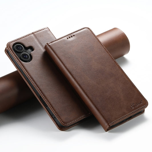 For iPhone 16 Suteni Calf Texture Horizontal Flip Leather Phone Case(Brown) - iPhone 16 Cases by Suteni | Online Shopping UK | buy2fix