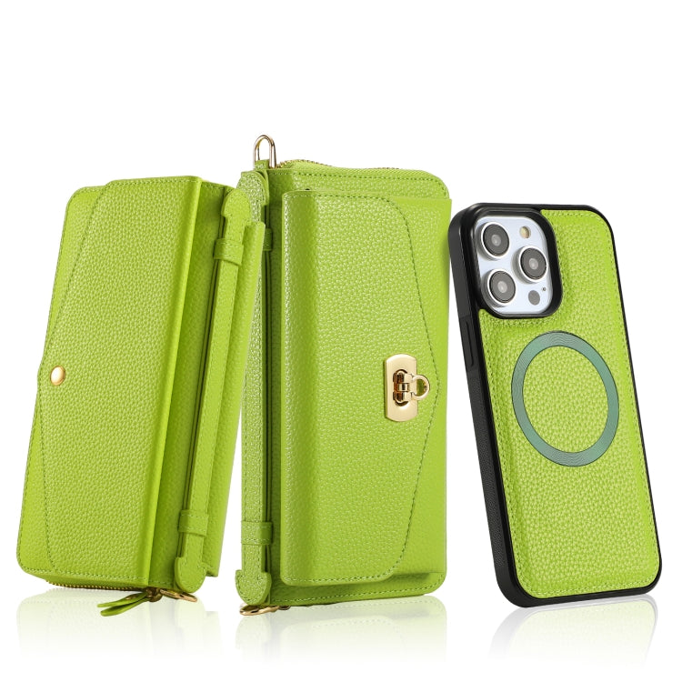 For iPhone 14 Plus MagSafe Crossbody Multi-functional Zipper Wallet Litchi Leather Phone Case(Green) - iPhone 14 Plus Cases by buy2fix | Online Shopping UK | buy2fix