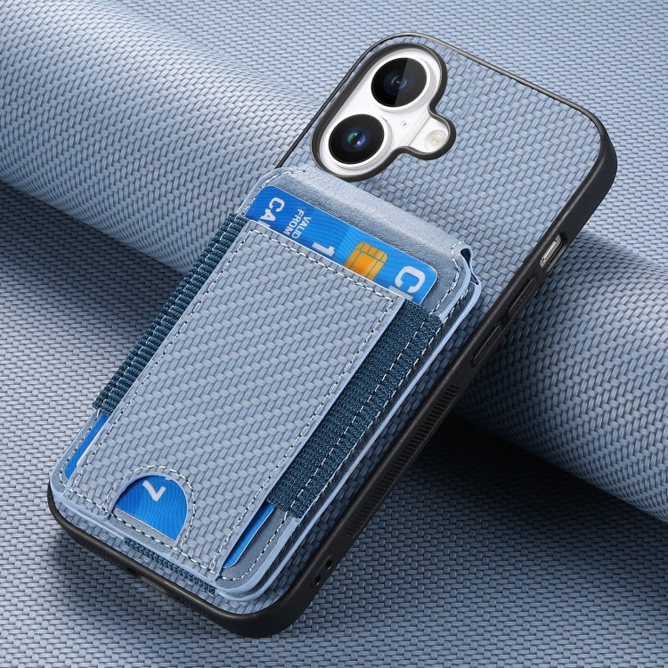 For iPhone 16 Carbon Fiber Vertical Flip Wallet Stand Phone Case(Blue) - iPhone 16 Cases by buy2fix | Online Shopping UK | buy2fix