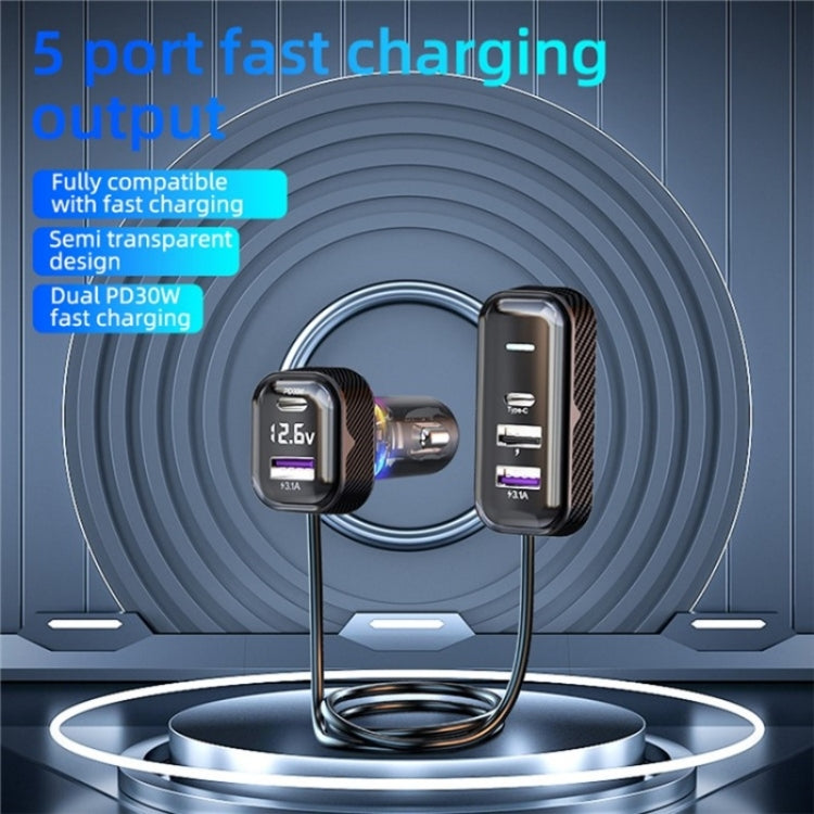 YQ6 PD 30W Fast Charging 2 x Type-C + 3 x USB Car Charger with 1.5m Extension Cable - Car Charger by buy2fix | Online Shopping UK | buy2fix