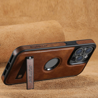 For iPhone 14 Suteni G2 Magsafe Oil Wax Leather Back Phone Case with Holder(Brown) - iPhone 14 Cases by Suteni | Online Shopping UK | buy2fix