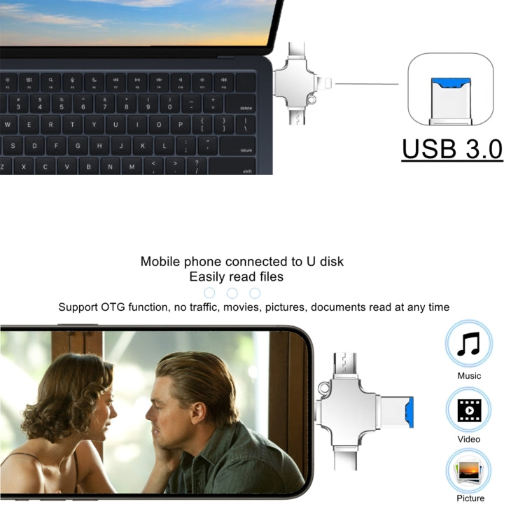 4 in 1 USB-C / Type-C  USB 2.0 + Micro USB + 8 Pin Adapter TF Card Reader, Memory Card:No Memory(Sliver) - U Disk & Card Reader by buy2fix | Online Shopping UK | buy2fix