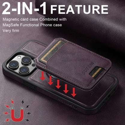 For iPhone 16 Suteni M2 Oil Wax MagSafe Horizontal Card Bag Phone Case(Purple) - iPhone 16 Cases by Suteni | Online Shopping UK | buy2fix