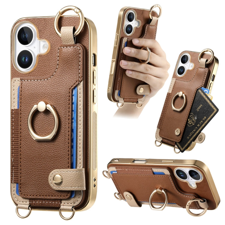 For iPhone 16 Fashion Ring Card Bag Phone Case with Hang Loop(Brown) - iPhone 16 Cases by buy2fix | Online Shopping UK | buy2fix