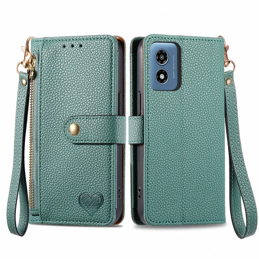 For Motorola Moto G Play 2024 Love Zipper Lanyard Leather Phone Case(Green) - Motorola Cases by buy2fix | Online Shopping UK | buy2fix