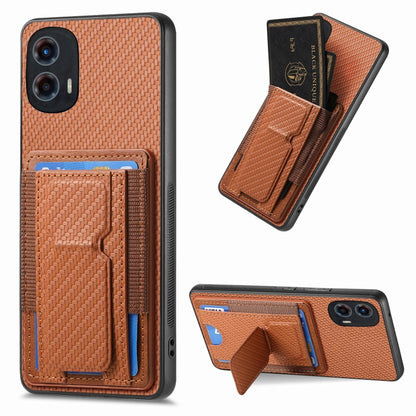 For Motorola Moto G 5G 2024 4G Carbon Fiber Fold Stand Elastic Card Bag Phone Case(Brown) - Motorola Cases by buy2fix | Online Shopping UK | buy2fix