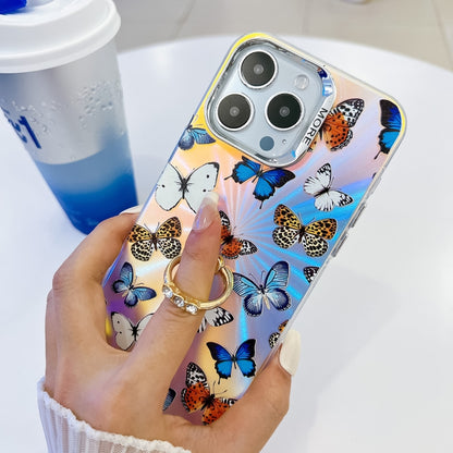 For iPhone 16 Pro Max Electroplating Laser Butterfly Ring Holder Phone Case(Blue Butterflies AB4) - iPhone 16 Pro Max Cases by buy2fix | Online Shopping UK | buy2fix