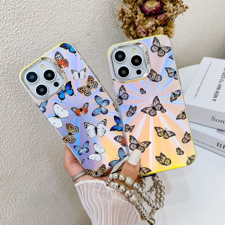 For iPhone 16 Electroplating Laser Butterfly Phone Case with Wrist Strap(Color Butterflies AB1) - iPhone 16 Cases by buy2fix | Online Shopping UK | buy2fix