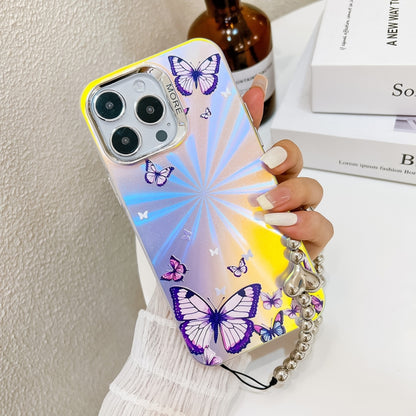 For iPhone 16 Electroplating Laser Butterfly Phone Case with Wrist Strap(Color Butterflies AB1) - iPhone 16 Cases by buy2fix | Online Shopping UK | buy2fix