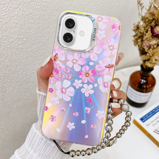 For iPhone 16 Plus Electroplating Laser Flower Phone Case with Wrist Strap(Pink Flower AH13) - iPhone 16 Plus Cases by buy2fix | Online Shopping UK | buy2fix