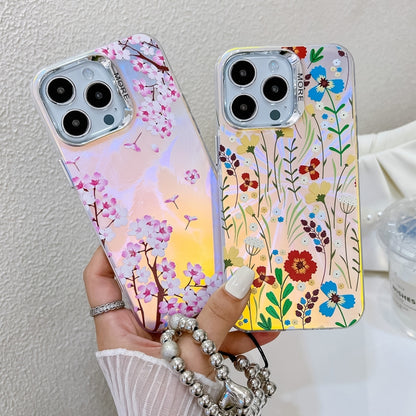 For iPhone 16 Electroplating Laser Flower Phone Case with Wrist Strap(Myosotis AH2) - iPhone 16 Cases by buy2fix | Online Shopping UK | buy2fix