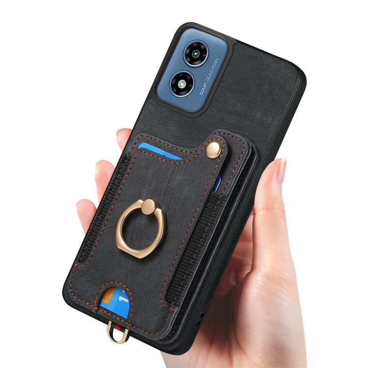 For Motorola G Play 2024 Retro Skin-feel Ring Multi-card RFID Wallet Phone Case(Black) - Motorola Cases by buy2fix | Online Shopping UK | buy2fix