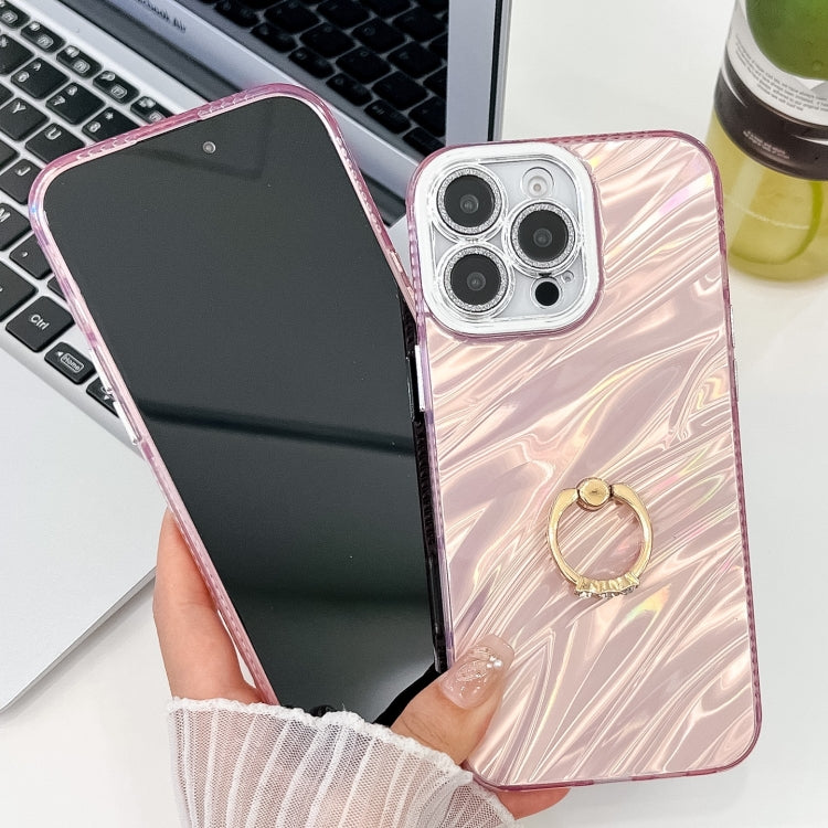 For iPhone 16 Pro Plating Glitter Texture Ring Holder TPU Phone Case with Lens Film(White Water Ripples) - iPhone 16 Pro Cases by buy2fix | Online Shopping UK | buy2fix