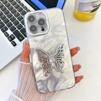 For iPhone 16 Pro Plating Glitter Texture Butterfly Holder TPU Phone Case with Lens Film(White Feathers) - iPhone 16 Pro Cases by buy2fix | Online Shopping UK | buy2fix