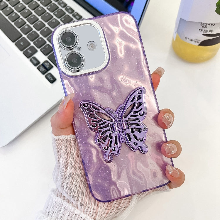 For iPhone 16 Plus Plating Glitter Texture Butterfly Holder TPU Phone Case with Lens Film(Purple Wrinkles) - iPhone 16 Plus Cases by buy2fix | Online Shopping UK | buy2fix