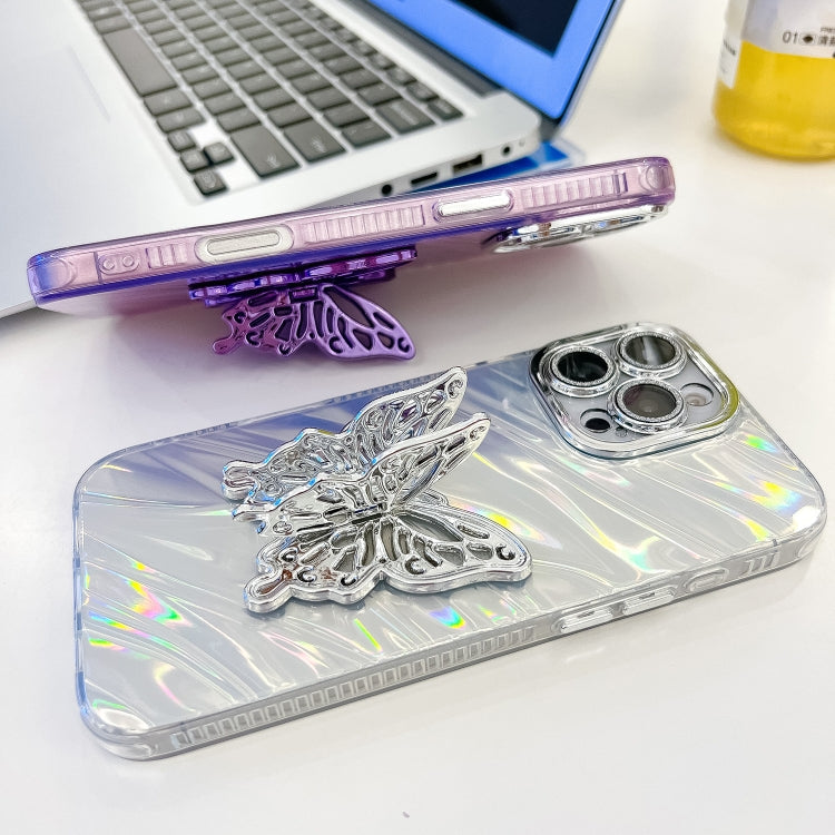 For iPhone 16 Plus Plating Glitter Texture Butterfly Holder TPU Phone Case with Lens Film(Purple Feathers) - iPhone 16 Plus Cases by buy2fix | Online Shopping UK | buy2fix