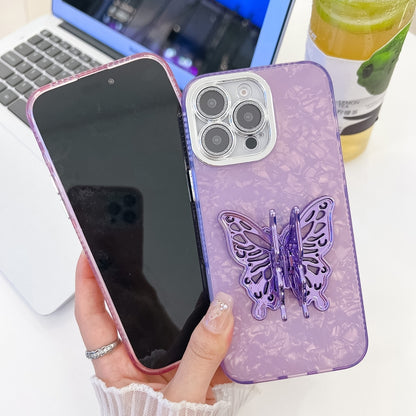 For iPhone 16 Plating Glitter Texture Butterfly Holder TPU Phone Case with Lens Film(White Wrinkles) - iPhone 16 Cases by buy2fix | Online Shopping UK | buy2fix