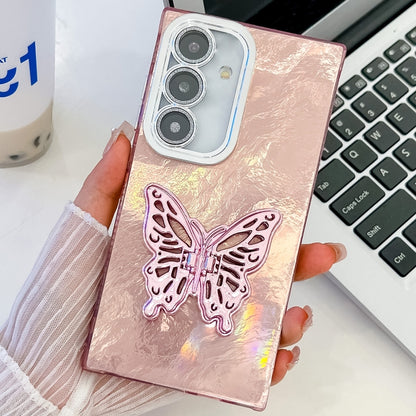 For Samsung Galaxy S25+ 5G Plating Glitter Texture Butterfly Holder TPU Phone Case with Lens Film(Pink Tinfoil Texture) - Galaxy S25+ 5G Cases by buy2fix | Online Shopping UK | buy2fix