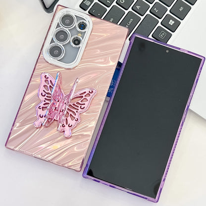 For Samsung Galaxy S25+ 5G Plating Glitter Texture Butterfly Holder TPU Phone Case with Lens Film(Pink Tinfoil Texture) - Galaxy S25+ 5G Cases by buy2fix | Online Shopping UK | buy2fix