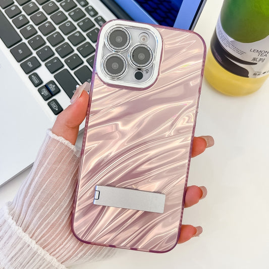 For iPhone 16 Pro Max Plating Glitter Texture Fold Holder TPU Phone Case with Lens Film(Pink Water Ripples) - iPhone 16 Pro Max Cases by buy2fix | Online Shopping UK | buy2fix