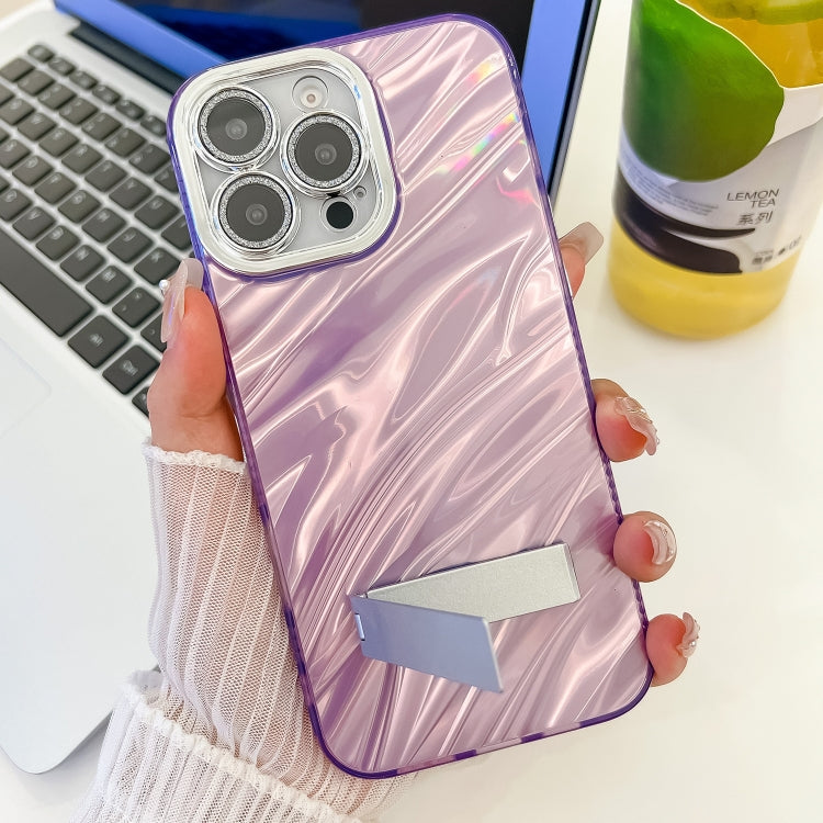 For iPhone 16 Pro Plating Glitter Texture Fold Holder TPU Phone Case with Lens Film(Purple Wrinkles) - iPhone 16 Pro Cases by buy2fix | Online Shopping UK | buy2fix