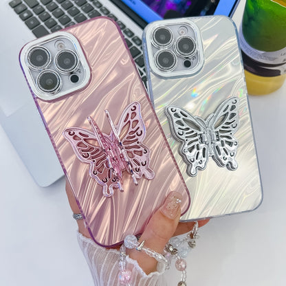 For iPhone 16 Pro Plating Glitter Lens Film Texture Butterfly Holder Wristband Phone Case(Pink Wrinkles) - iPhone 16 Pro Cases by buy2fix | Online Shopping UK | buy2fix