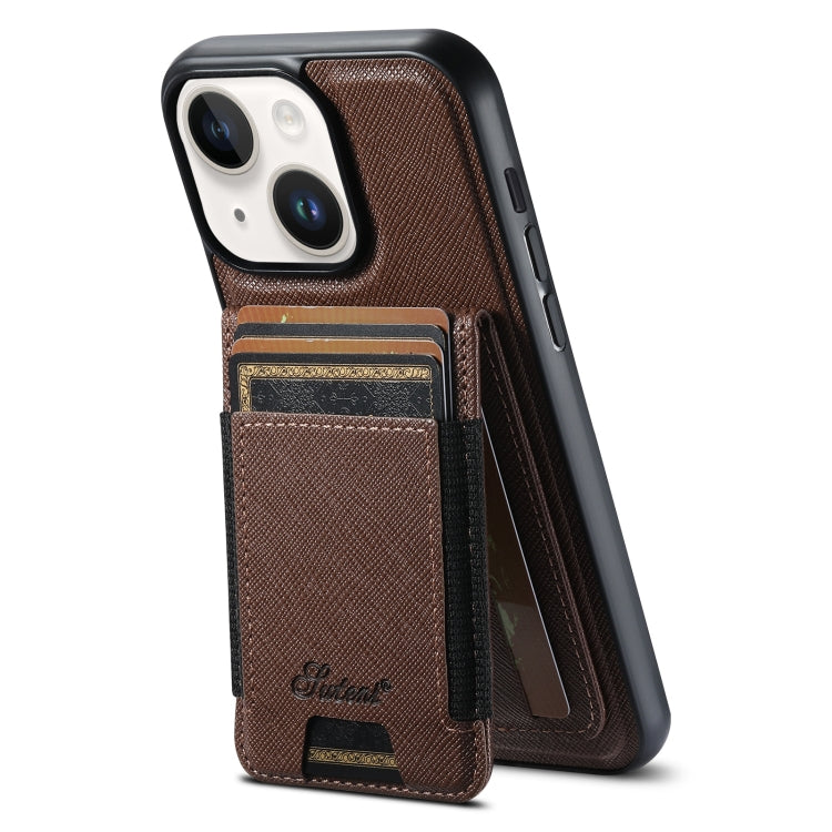 For iPhone 15 Plus Suteni H17 Cross Grain Leather MagSafe Detachable Wallet Phone Case(Brown) - iPhone 15 Plus Cases by Suteni | Online Shopping UK | buy2fix