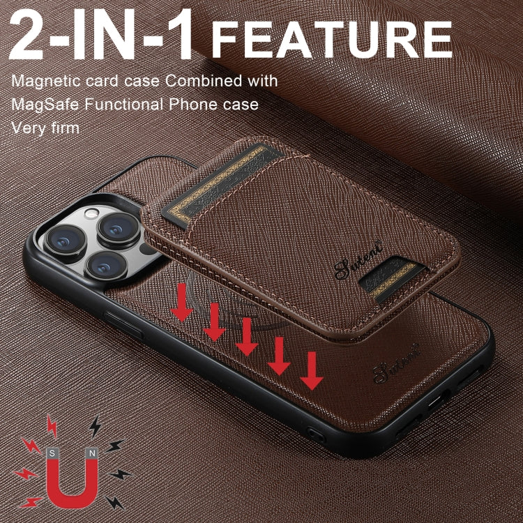 For iPhone 16 Suteni H18 Cross Grain MagSafe Wallet Leather Phone Case(Brown) - iPhone 16 Cases by Suteni | Online Shopping UK | buy2fix