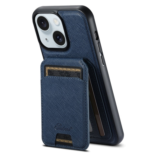 For iPhone 15 Plus Suteni H18 Cross Grain MagSafe Wallet Leather Phone Case(Blue) - iPhone 15 Plus Cases by Suteni | Online Shopping UK | buy2fix