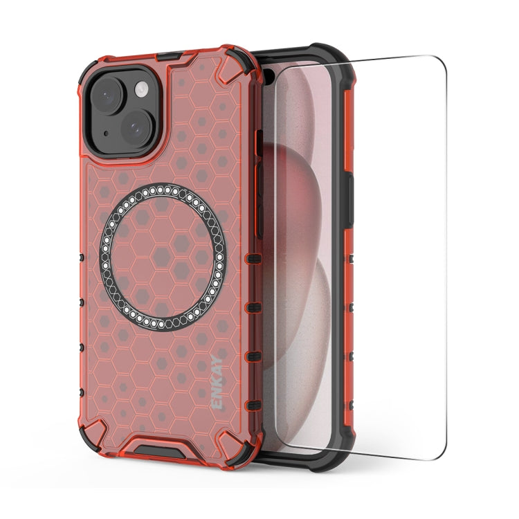 For iPhone 15 ENKAY Hat-Prince Honeycomb MagSafe Shockproof Phone Case with Large Arc Edge Film(Red) - iPhone 15 Cases by ENKAY | Online Shopping UK | buy2fix