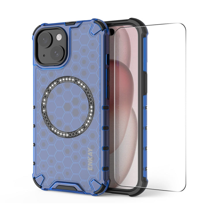 For iPhone 14 ENKAY Hat-Prince Honeycomb MagSafe Shockproof Phone Case with Large Arc Edge Film(Blue) - iPhone 14 Cases by ENKAY | Online Shopping UK | buy2fix