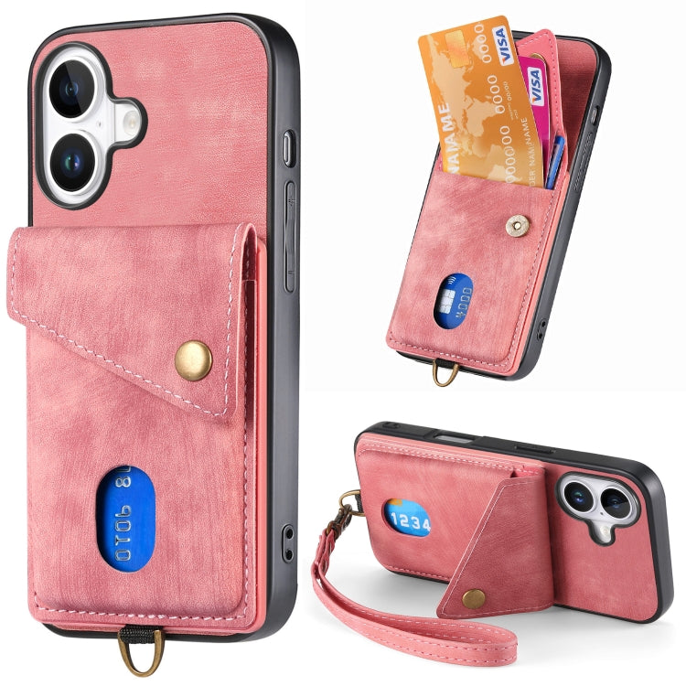 For iPhone 16 Retro Card Wallet Fold Leather Phone Case with Strap(Pink) - iPhone 16 Cases by buy2fix | Online Shopping UK | buy2fix