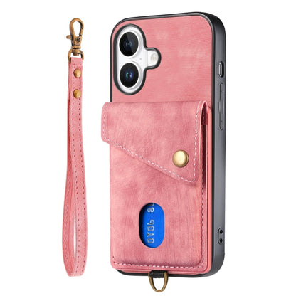 For iPhone 16 Retro Card Wallet Fold Leather Phone Case with Strap(Pink) - iPhone 16 Cases by buy2fix | Online Shopping UK | buy2fix