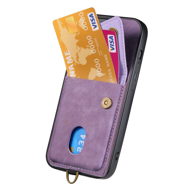 For iPhone 16 Retro Card Wallet Fold Leather Phone Case with Strap(Purple) - iPhone 16 Cases by buy2fix | Online Shopping UK | buy2fix