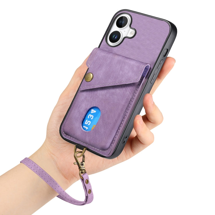 For iPhone 16 Retro Card Wallet Fold Leather Phone Case with Strap(Purple) - iPhone 16 Cases by buy2fix | Online Shopping UK | buy2fix