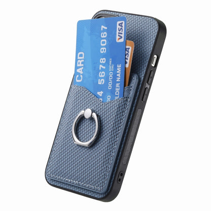 For iPhone 16 Carbon Fiber Card Wallet Ring Phone Case(Blue) - iPhone 16 Cases by buy2fix | Online Shopping UK | buy2fix