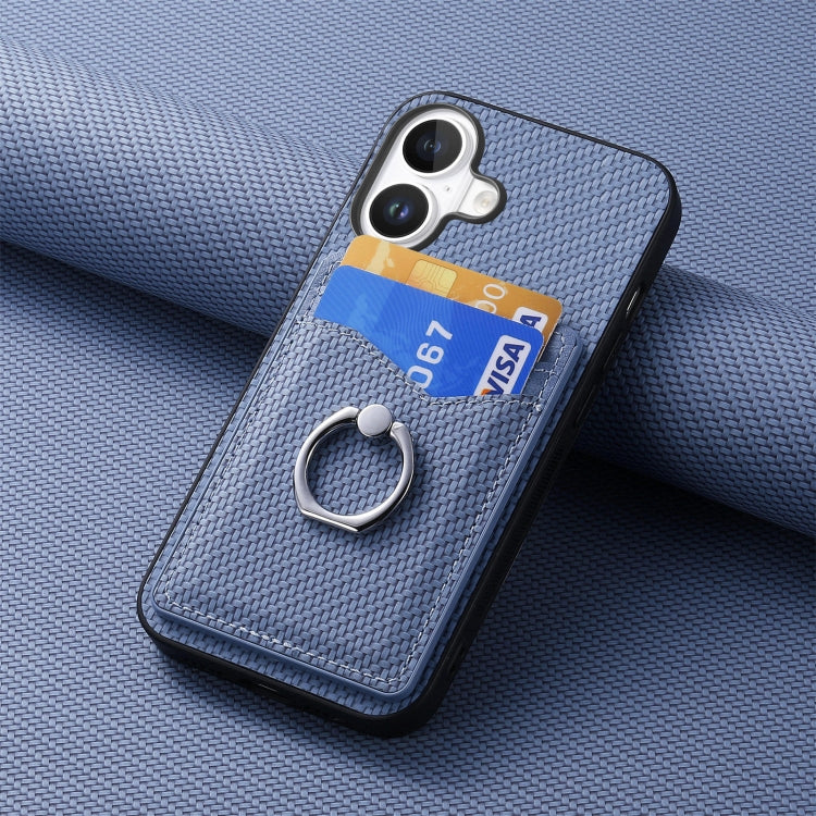 For iPhone 16 Carbon Fiber Card Wallet Ring Phone Case(Blue) - iPhone 16 Cases by buy2fix | Online Shopping UK | buy2fix